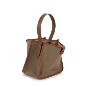KOJII - Square Large Tote Bag in Leather & Canvas _ Dark Brown & Dark Khaki