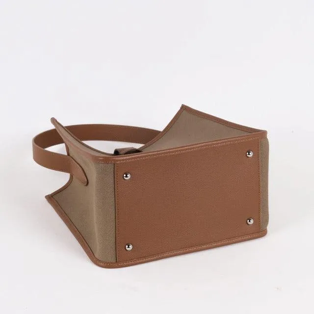 KOJII - Square Large Tote Bag in Leather & Canvas _ Dark Brown & Dark Khaki