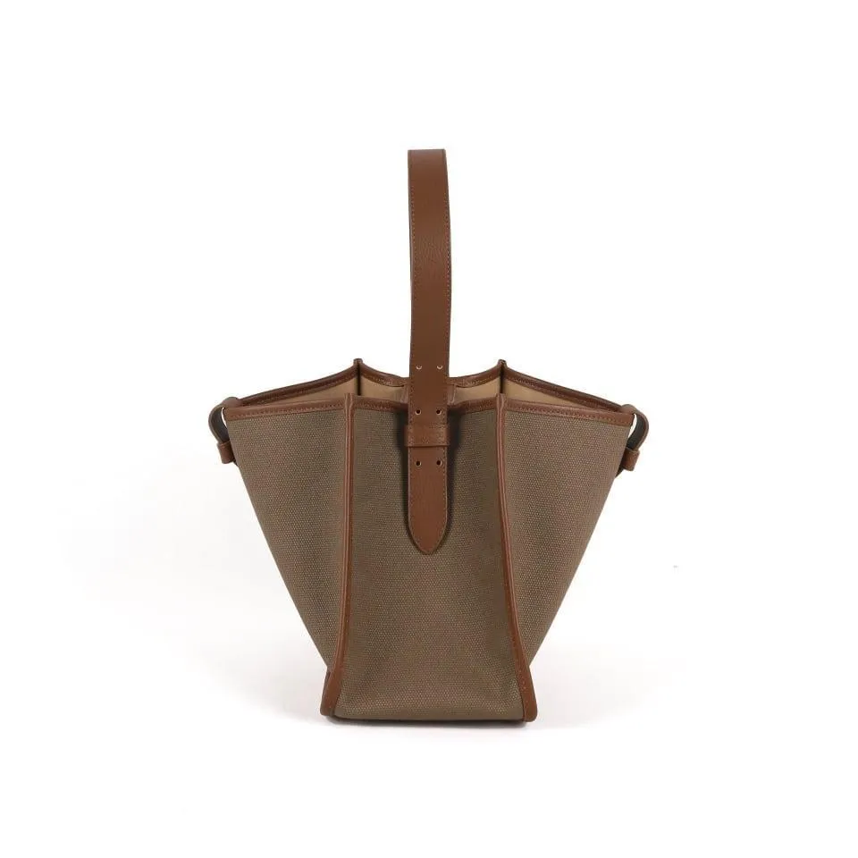 KOJII - Square Large Tote Bag in Leather & Canvas _ Dark Brown & Dark Khaki