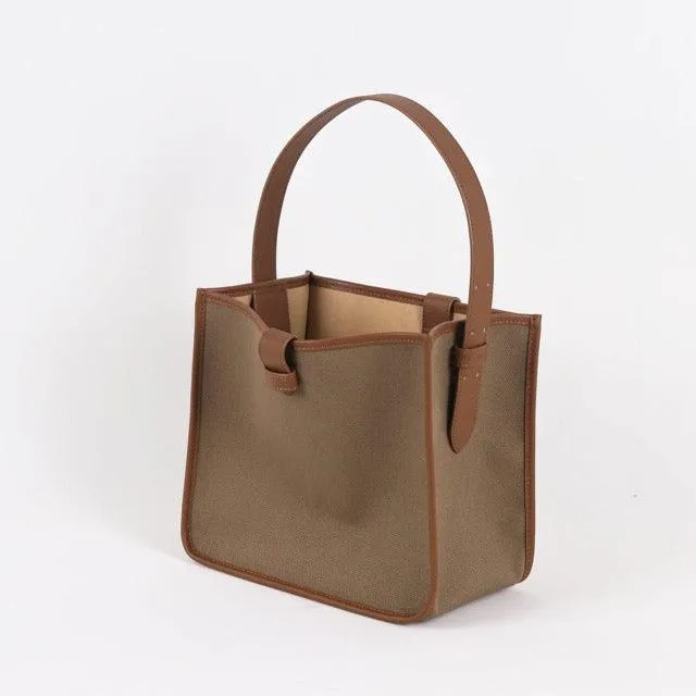 KOJII - Square Large Tote Bag in Leather & Canvas _ Dark Brown & Dark Khaki