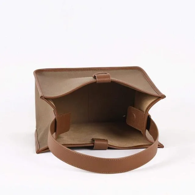 KOJII - Square Large Tote Bag in Leather & Canvas _ Dark Brown & Dark Khaki