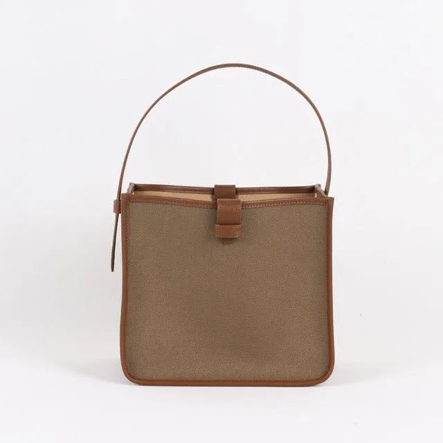 KOJII - Square Large Tote Bag in Leather & Canvas _ Dark Brown & Dark Khaki