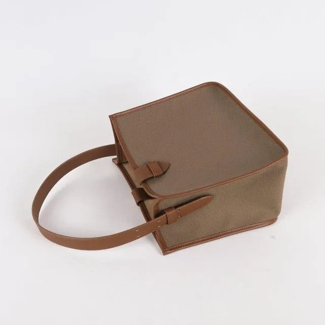 KOJII - Square Large Tote Bag in Leather & Canvas _ Dark Brown & Dark Khaki