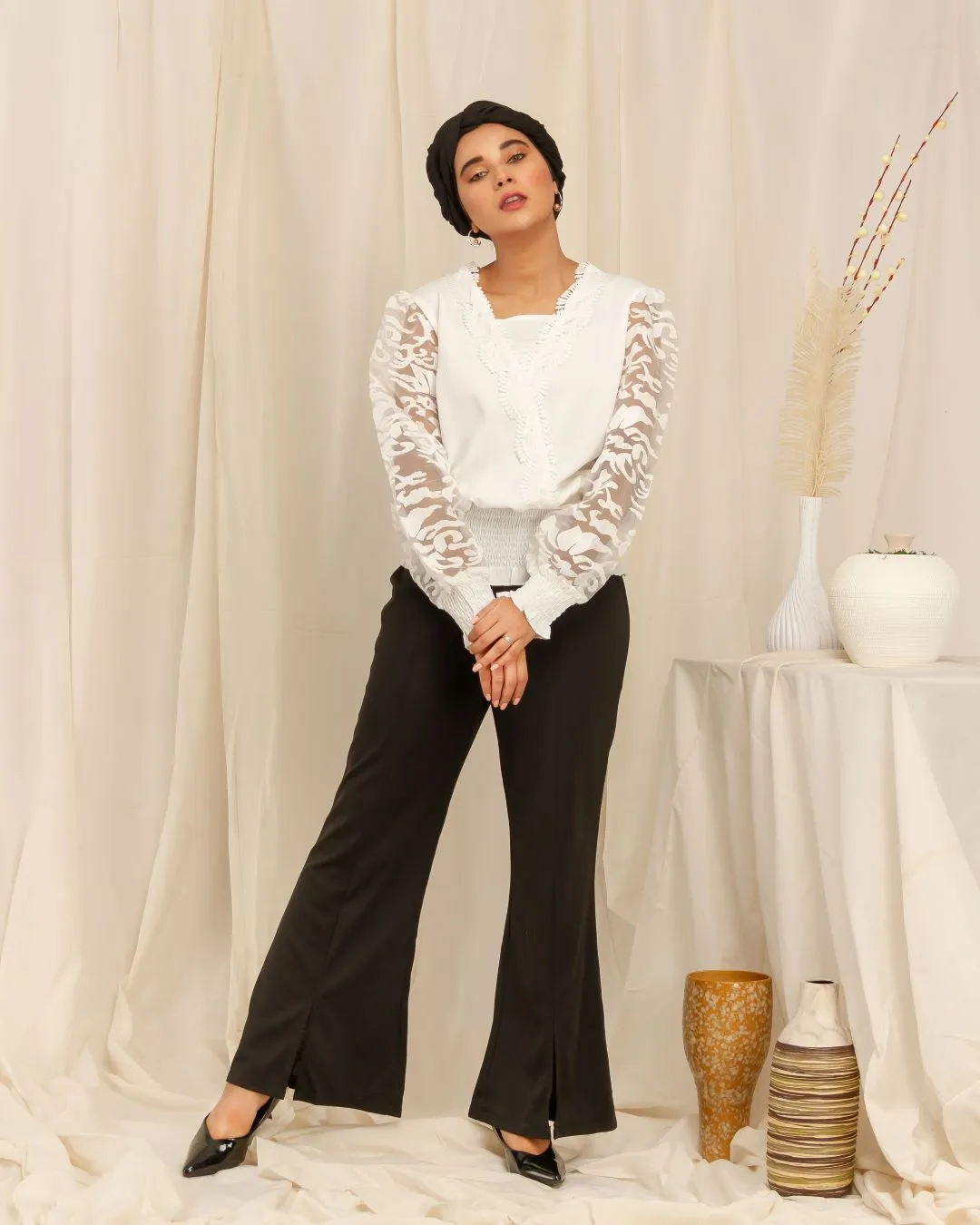 Opaque Sleeves Ribbed Waist Top - White