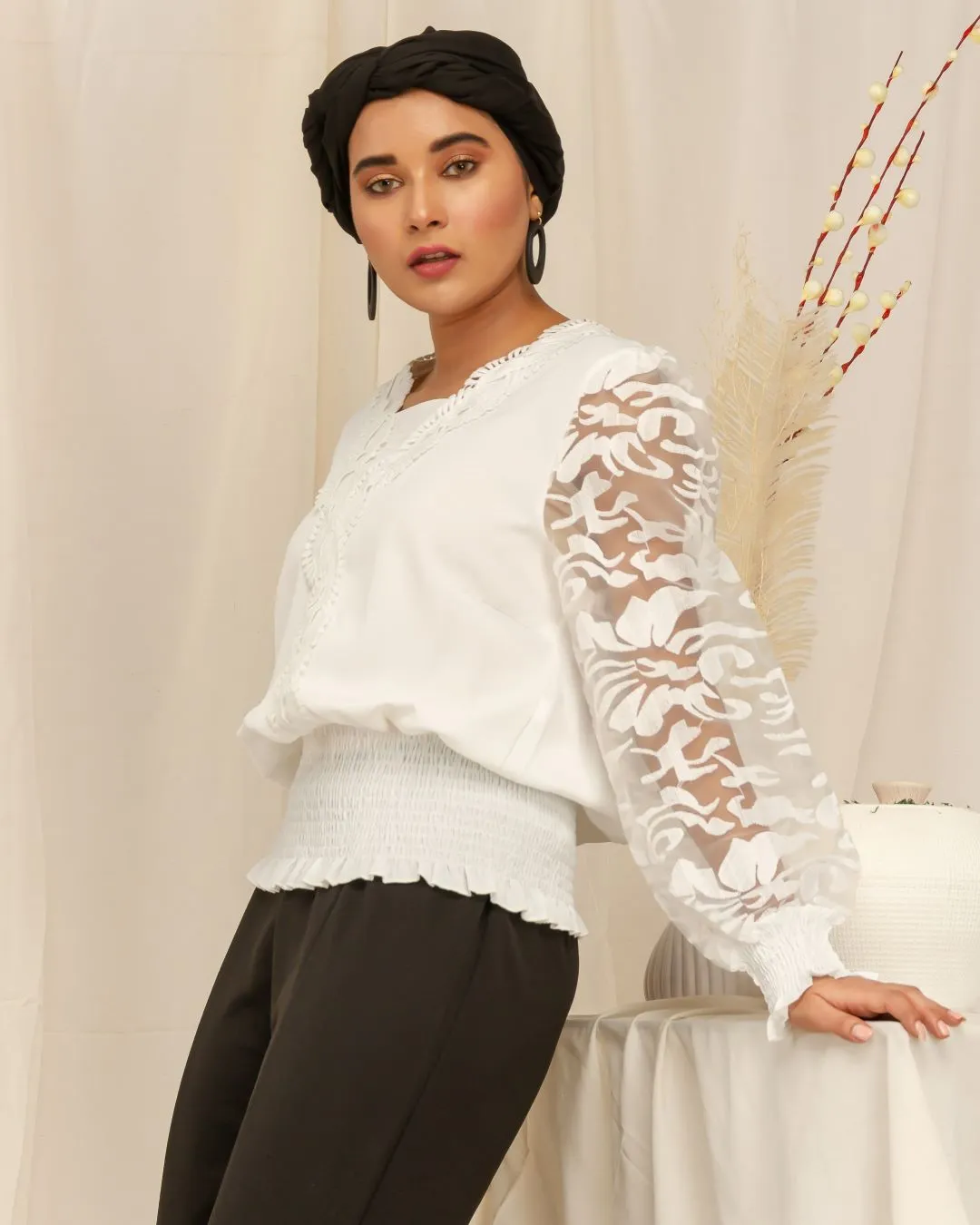 Opaque Sleeves Ribbed Waist Top - White