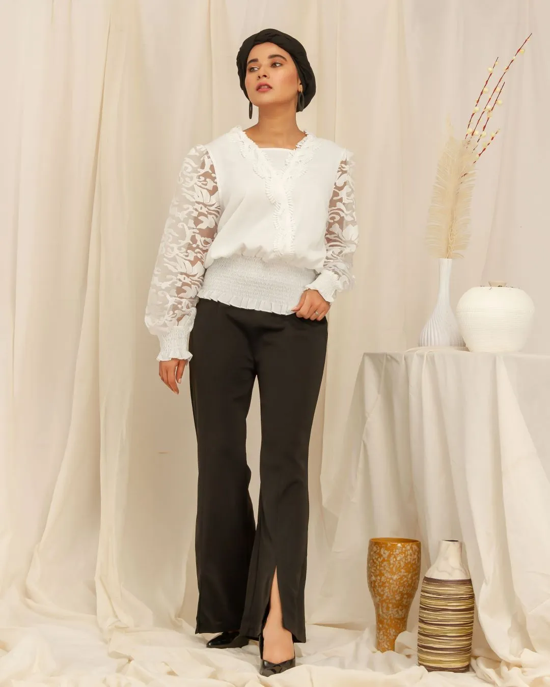 Opaque Sleeves Ribbed Waist Top - White