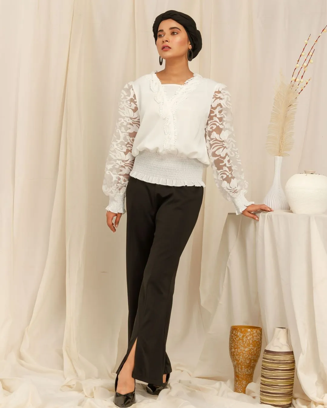 Opaque Sleeves Ribbed Waist Top - White