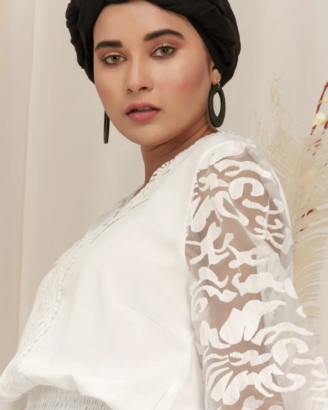 Opaque Sleeves Ribbed Waist Top - White