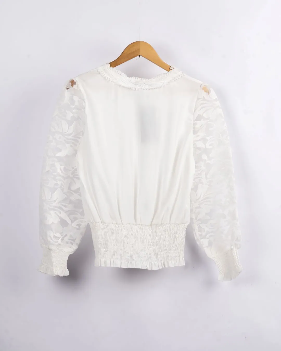 Opaque Sleeves Ribbed Waist Top - White