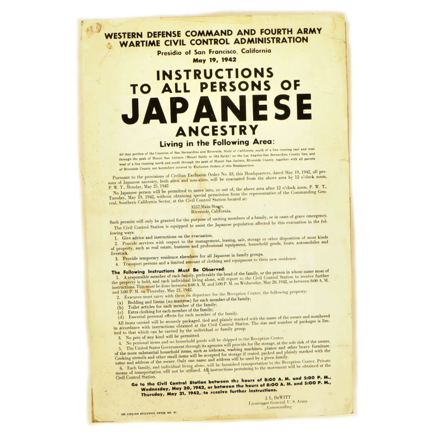 Original U.S. WWII 1942 Japanese - American Civilian Exclusion Order No. 83 - San Bernadino and Riverside Counties of California