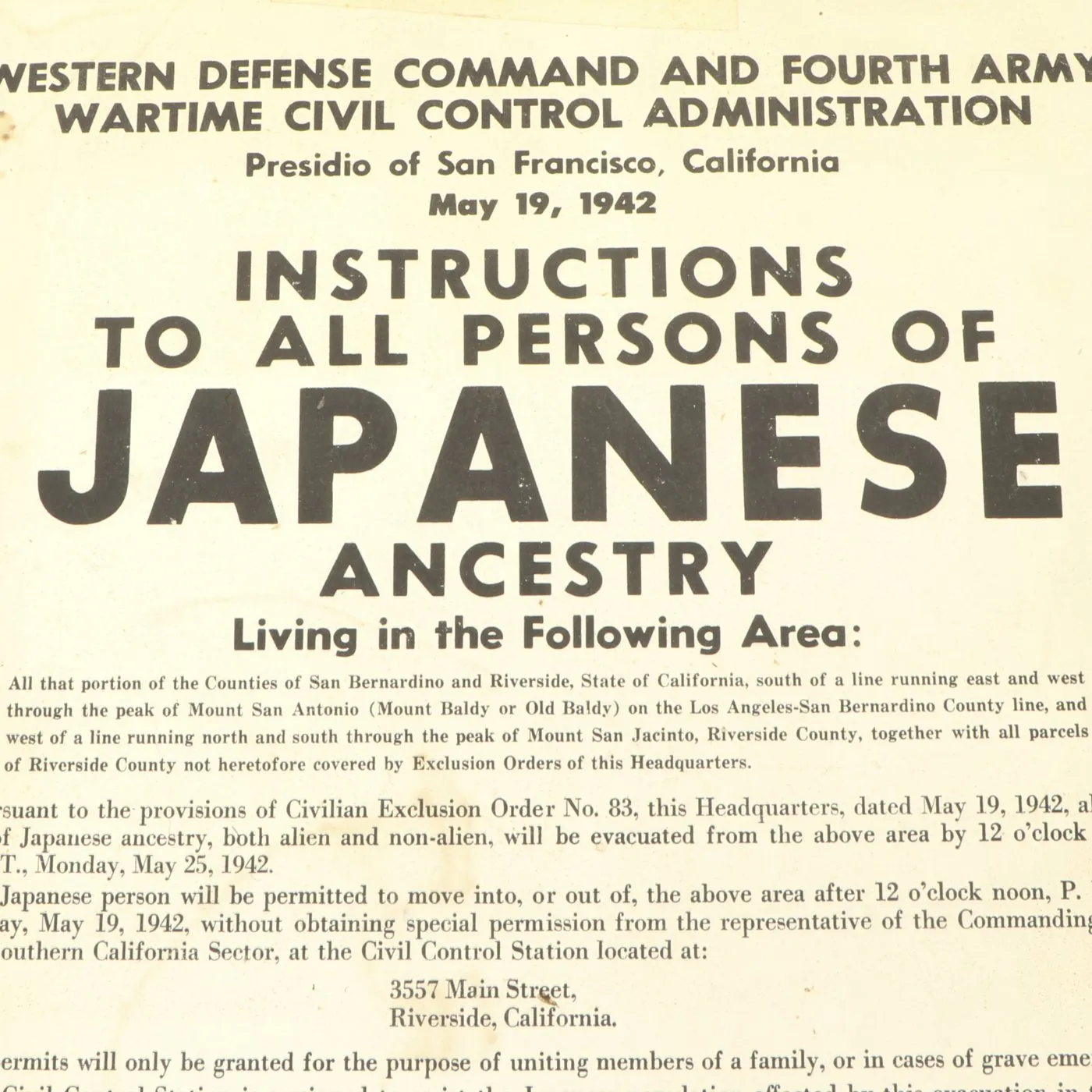 Original U.S. WWII 1942 Japanese - American Civilian Exclusion Order No. 83 - San Bernadino and Riverside Counties of California
