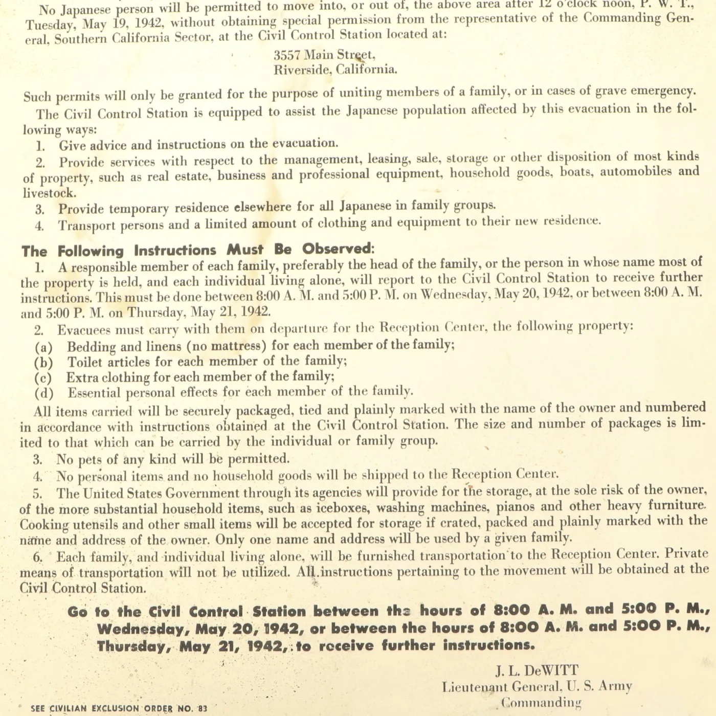 Original U.S. WWII 1942 Japanese - American Civilian Exclusion Order No. 83 - San Bernadino and Riverside Counties of California